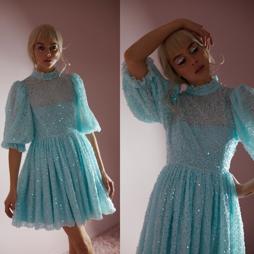 Selkie The Ice Blue Sequin Royal Puff Dress Size Small